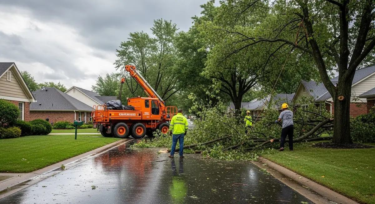Emergency tree service worker removing fallen tree near residential home in Hoover AL