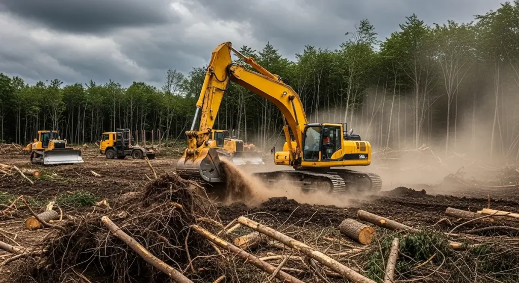 Yellow excavator clearing wooded land in Birmingham AL