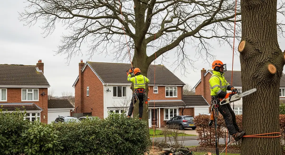 Tree trimming crew working on large tree in front of residential home in Birmingham AL