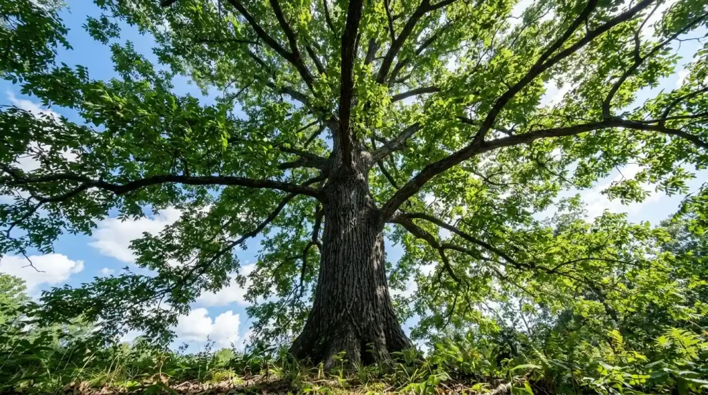 Hickory or pecan tree mature canopy viewed from ground looking up in Birmingham Alabama