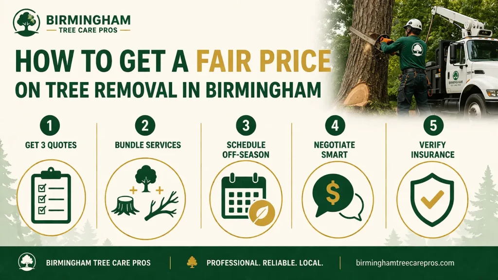 5 tips to get a fair price on tree removal in Birmingham - infographic by Birmingham Tree Care Pros