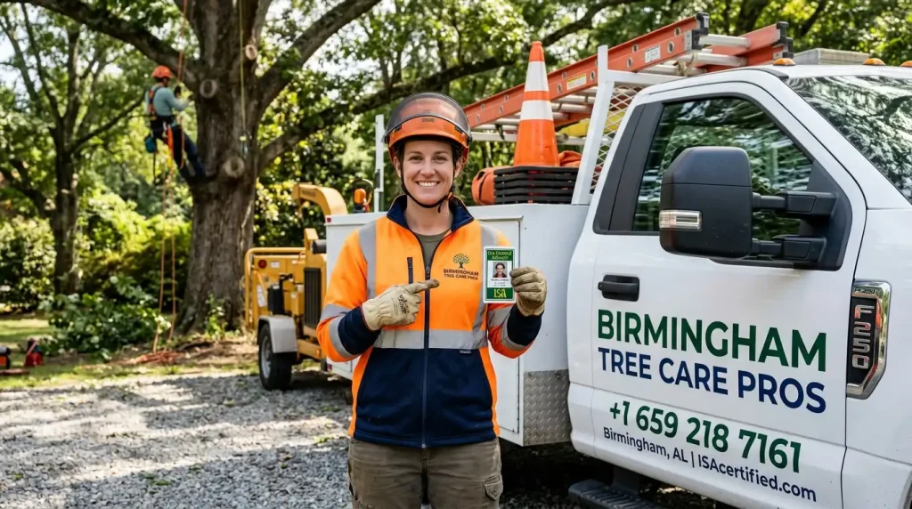 ISA certified arborist holding certification credential badge at Birmingham Alabama tree service job site