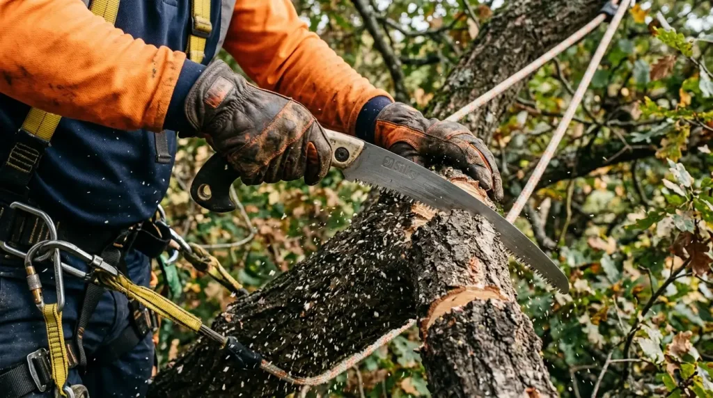 ISA certified arborist hands pruning thick tree branch with handsaw Birmingham Alabama