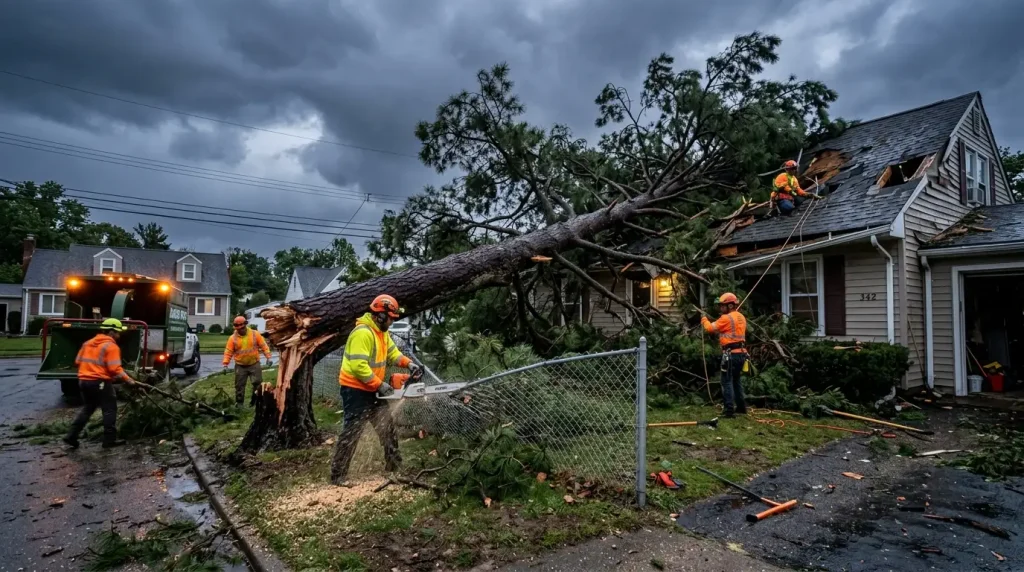 Large pine tree fallen across fence after storm in Birmingham Alabama with tree service crew on site
