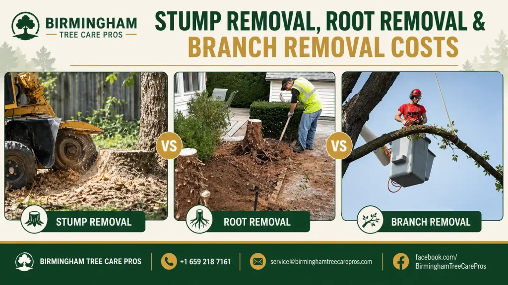 Stump removal vs root removal vs branch removal services in Birmingham AL showing stump grinding machine, root extraction and tree cutting work