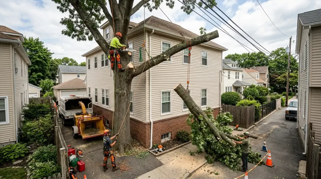 Technical tree removal in tight residential space next to home in Birmingham Alabama