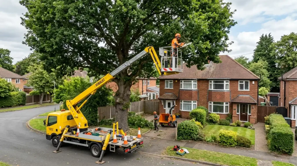 Professional tree removal crane and bucket lift next to large tree in residential Birmingham Alabama yard
