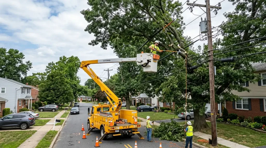 Tree growing into power lines with bucket lift crew performing utility easement tree removal Birmingham Alabama