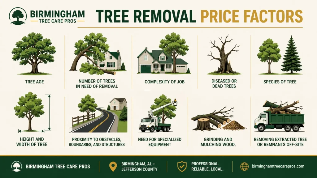Tree removal price factors in Birmingham AL - infographic showing 10 cost factors including tree size, species, complexity, and equipment needs