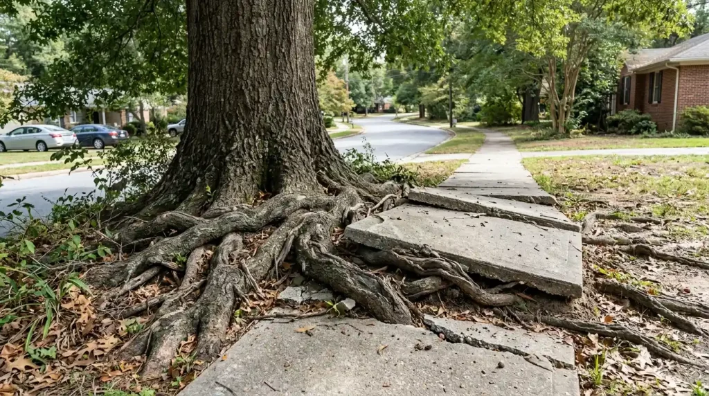Water oak tree shallow surface roots lifting and cracking pavement in Birmingham Alabama