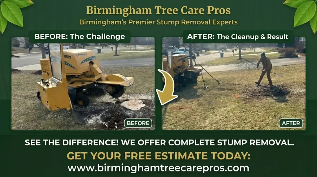 before and after stump grinding in residential yard in Birmingham Alabama