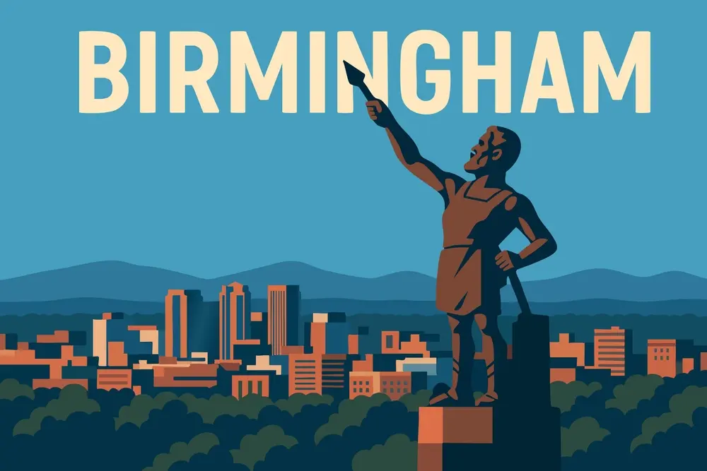 Illustrated Birmingham Alabama skyline with Vulcan statue and Blue Ridge Mountains in background