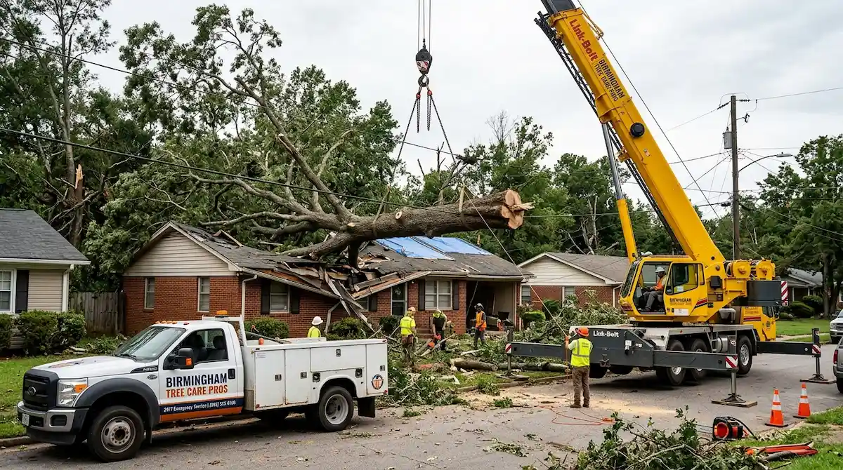 Crane-assisted emergency tree extraction on a residential property in Jefferson County, Alabama