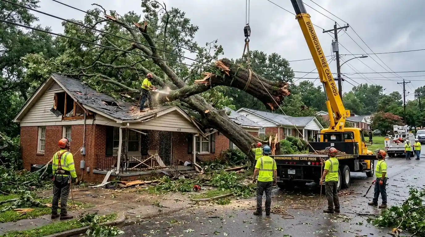 Emergency tree removal crew clearing a fallen oak from a Birmingham, Alabama property after a storm