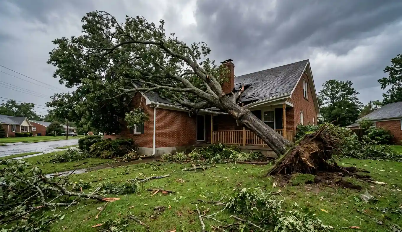 Large storm-damaged oak tree leaning over a home in Birmingham, AL after severe wind damage