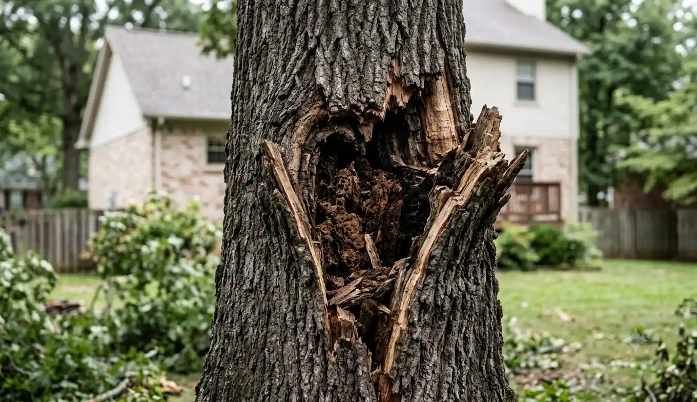 Split Water Oak trunk after a Birmingham, AL storm showing internal decay
